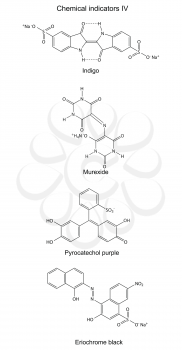 Structural formulas of chemical indicators (indigo, murexide, pyrocatechol violet, eriochrome black), 2D illustration, vector, isolated on white background