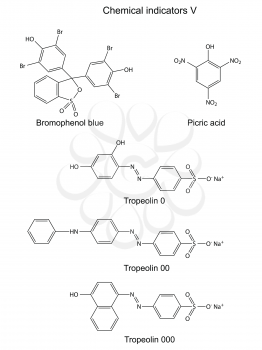 Structural formulas of chemical indicators (bromophenol blue, tropeolin, picric acid), 2D illustration, vector, isolated on white background