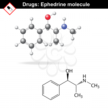 Ephedrine recreational drug structure, chemical molecular formulas, 2d & 3d vector isolated on white background, eps 8