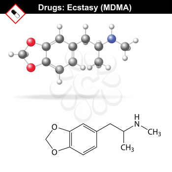 Ecstasy recreational drug structure, mdma chemical molecular formulas, 2d & 3d vector isolated on white background, eps 8