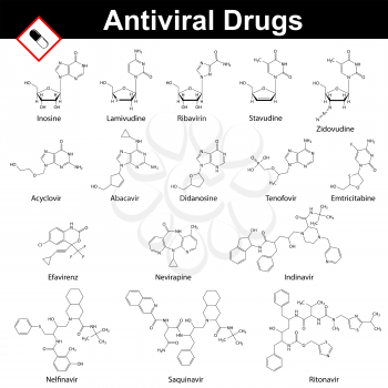 Main antiviral agents, structural chemical formulas, 2d vector on white background, eps 8