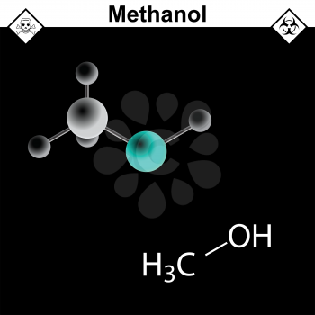 Structural chemical formula and model of methanol molecule, 2d and 3d vector, isolated on black background, ball and stick, eps 8