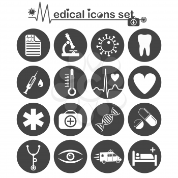 Medical icon set on dark round plates,16 signs, 2d vector, eps 8
