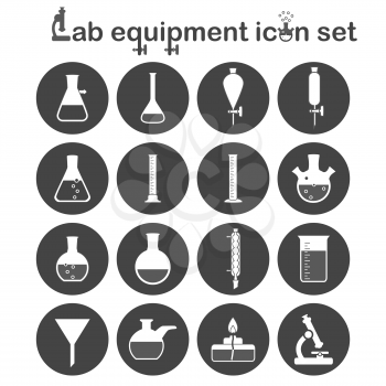 Lab equipment icon set, 16 signs on dark round plates, 2d vector, eps 8