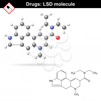 LSD molecule and model - synthetic hallucinogen, chemical molecular structure, 2d and 3d vector, isolated on white background, eps 8