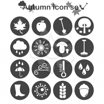Autumn icon set, 16 signs on dark round plates, 2d vector, eps 10