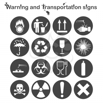 Warning and Transportation icons set, 16 signs on round dark plates, 2d vector symbols, eps 8