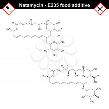 Natamycin molecule - antibiotic chemical structure, E235 food additive, 2d vector, eps 8