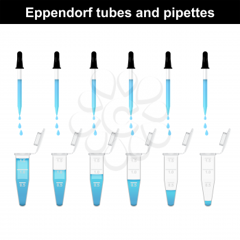 Eppendorf tubes with pipettes in a row, lab test concept, 3d vector, eps 10