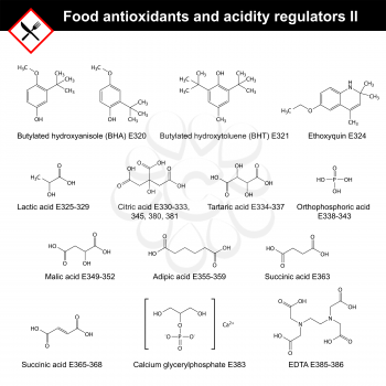 Chemical structures of main food antioxidants and acidity regulators, part II, 2d vector, eps 8