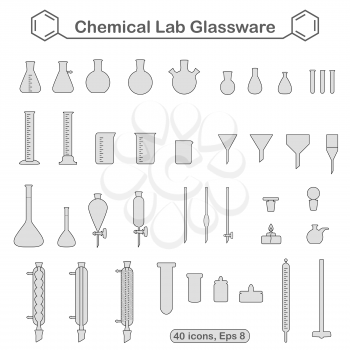 Chemical glassware tools, 40 icons isolated on white background, 2d Illustration, vector, eps 8