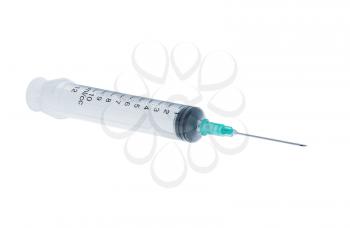 Plastic syringe isolated on a white background, high depth of field