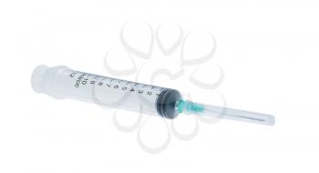 Plastic syringe isolated on a white background, high depth of field