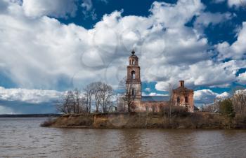 Old temple built on the banks of the river. Yaroslavl, Russia