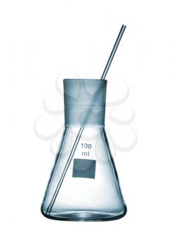 Chemical conical flask with a glass rod isolated on white background, studio shot