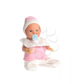 Baby doll in pink clothes isolated on white background, side angle, studio shot