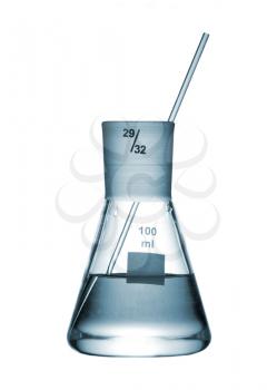 Erlenmeyer flask with an aqueous solution, isolated on white background