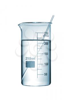 Chemical beaker with a solution and stirring rod - laboratory glassware, isolated on white background, studio shot