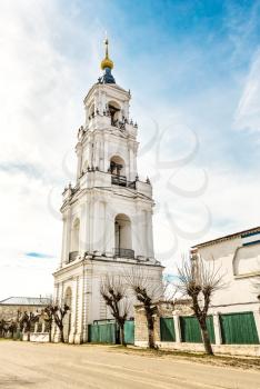 High bell tower in sunny day, Nerekhta, Russia