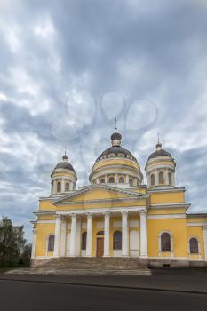 Transfiguration Cathedral of Rybinsk city, Russia, cloudy weather