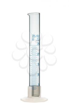 Empty chemical 25 ml measuring cylinder isolated on white background, studio shot