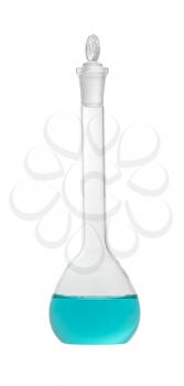 Isolated chemical volumetric flask with colored solution, studio shot