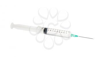 Plastic medical syringe with solution isolated on white background, high depth of field,  studio shot