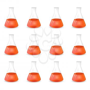 Red conical flasks, 3d lab equipment, scientific vector background, eps 10