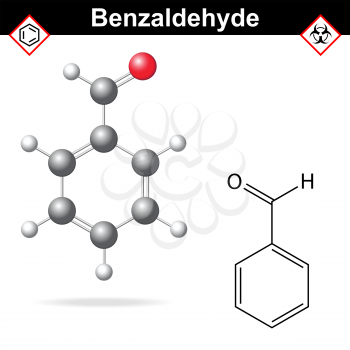 Benzaldehyde - food and cosmetic flavoring additive, chemical formula and model, 2d & 3d vector on white background, eps 8