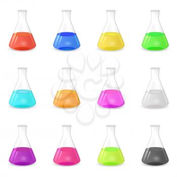 Multicolored chemical conical flasks, twelve color variations, 3d lab tools, scientific vector, eps 10
