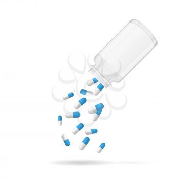 Opened medical pill box with falling pills, cylindrical shape 3d vector object with place for text, eps 10