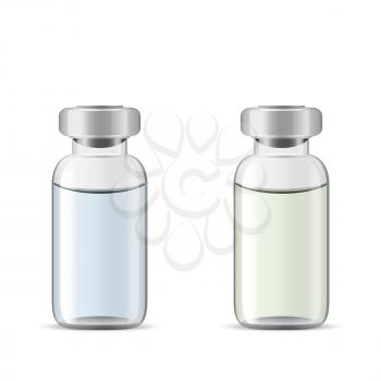 Glass medical vials with drug solution, 3d realistic vector of medical lab tools, eye drops container, eps 10
