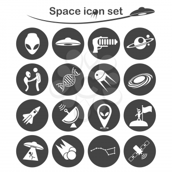 Space and UFO icons set, 16 signs on dark round plates, concept of space travel, eps 8