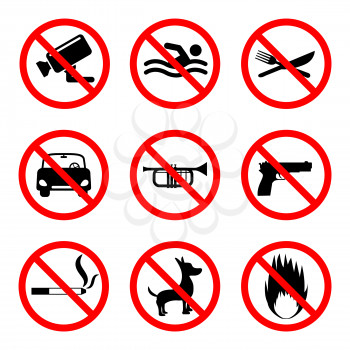 Prohibition signs, 9 icons set on white background, 2d vector, eps 8