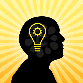 Human silhouette with idea icon, concept of insight, 2d vector on sun ray background, eps 10