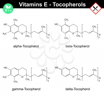 Tocopherols - vitamin E forms, chemical structural formulas, 2d vector, eps 8