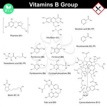 Vitamins of b group, molecular structures, 2d vector chemical formulas, eps 8