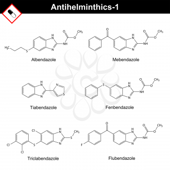Chemical formulas of anthelmintic drugs of bendazole action - albendazole, mebendazole, tiabendazole, fenbendazole, triclabendazole, flubendazole, 2d vector isolated on white background, eps 8