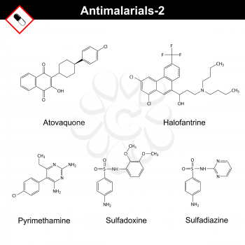 Chemical structures of main antimalarial drugs -  atovaquone, halofantrine, pyrimethamine, sulfadoxine, sulfadiazine, second set, 2d vector on white background, eps 8
