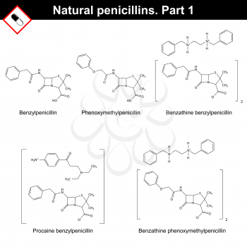 Chemical structures of natural penicillins - benzylpenicillin, phenoxymethylpenicillin and its salts, first part, 2d vector on white background, eps 8
