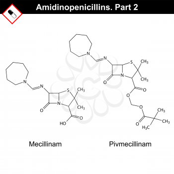 Chemical structures of amidinopenicillins - mecillinam and pivmecillinam, second part, 2d vector on white background, eps 8