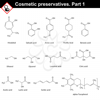 Molecular structures of main cosmetic preservatives, first set, 2d vector, eps 8