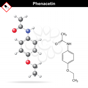 Phenacetin structural chemical formula and model, 2d and 3d vector illustration, eps 8