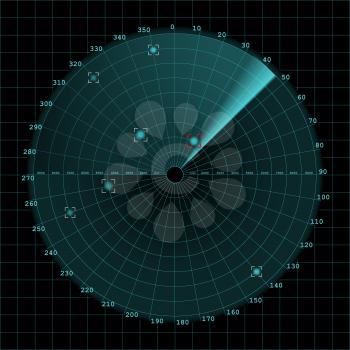 Sonar screen on grid, 2d vector on dark background, radar, eps 10