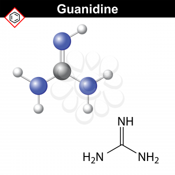 Guanidine structure, chemical formula and model, 2d and 3d  vector illustration, eps 8