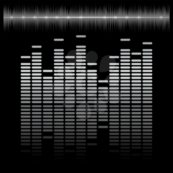 Equalizer bar with reflection and sound chart, 2d vector on dark background, black and white colors, eps 10