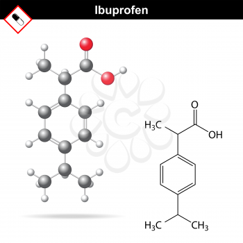 Ibuprofen molecular structure and chemical formula, analgesic drug 3d & 2d illustration isolated on white background, balls & sticks, skeletal style, vector, eps 8