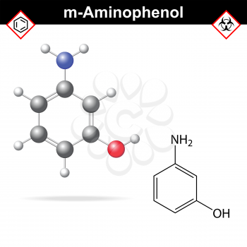Meta aminophenol chemical structure and model, 2d and 3d vector illustration, eps 8