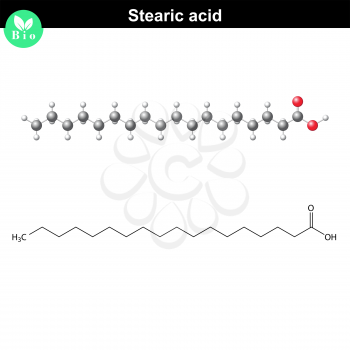 Stearic acid molecule, stearate molecular structure, fatty acid, 2d and 3d illustration, vector, eps 8