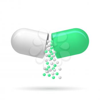 Opened pill with dropdown granules, 3d illustration isolated on white background, vector, eps 10